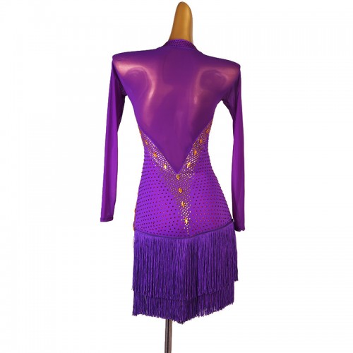 Women Girls Violet Purple Crystal Gemstones Competition Tassels Latin Dance Dresses Side Slit Salsa Rumba Chacha Performance Costumes For Female